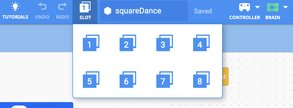 VEXcode EXP with the Slots dropdown menu opened. The menu has 8 available slots for downloading projects to the Brain.