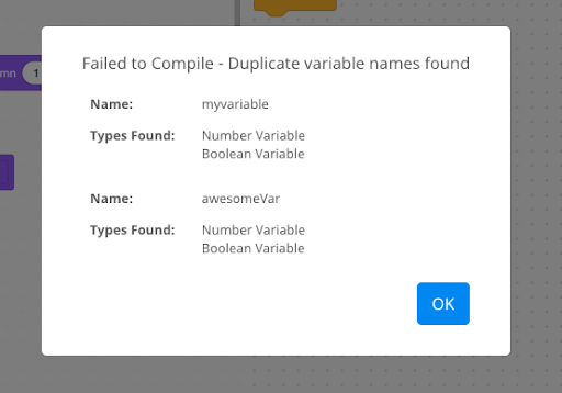 VEXcode EXP error prompt that reads Failed to Compile, Duplicate variable names found. The prompt lists two variables that are named myVariable and awesomeVar, and it lists both of their types as Number Variable and Boolean Variable.