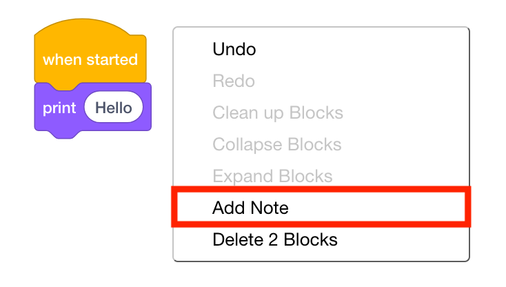 VEXcode EXP Workspace Context Menu with the Add Note option highlighted. Add Note is the sixth option in the menu, below Undo, Redo, Clean up Blocks, Collapse Blocks, and Expand Blocks.