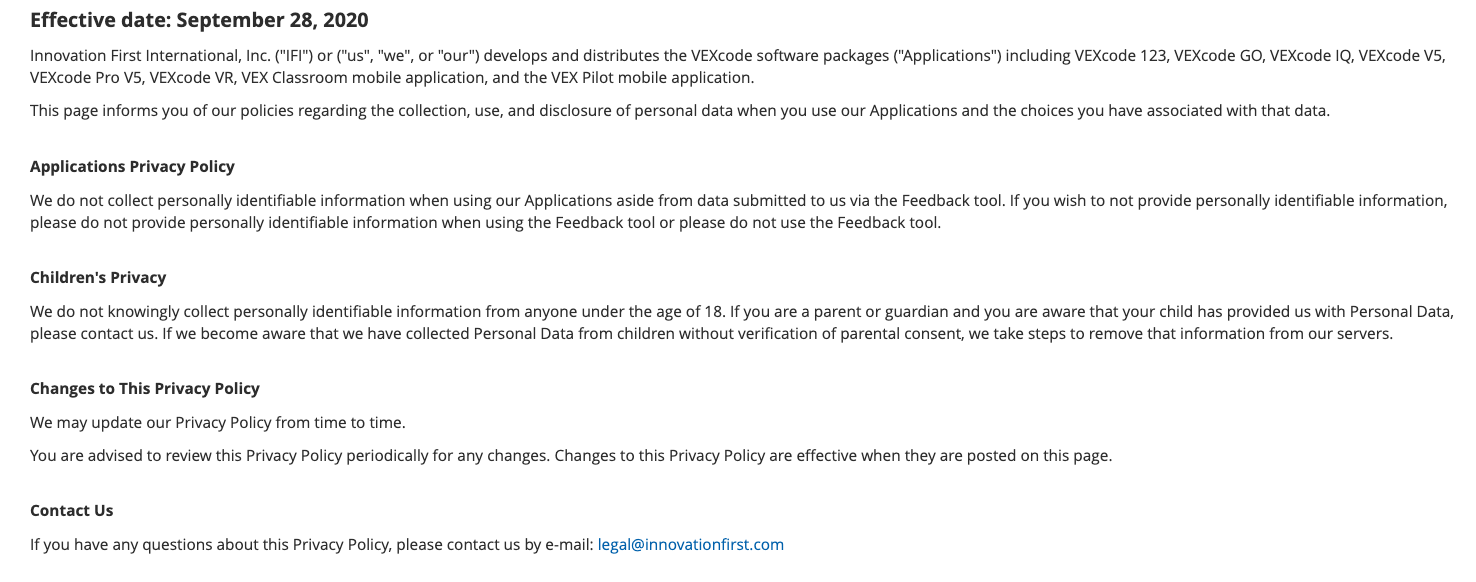Screenshot of the VEX Privacy Policy page.