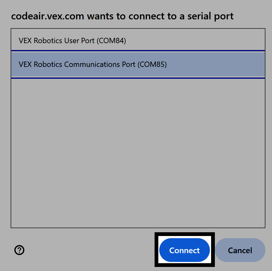 Serial port selection window with VEX Robotics Communications Port COM85 selected and Connect button highlighted.
