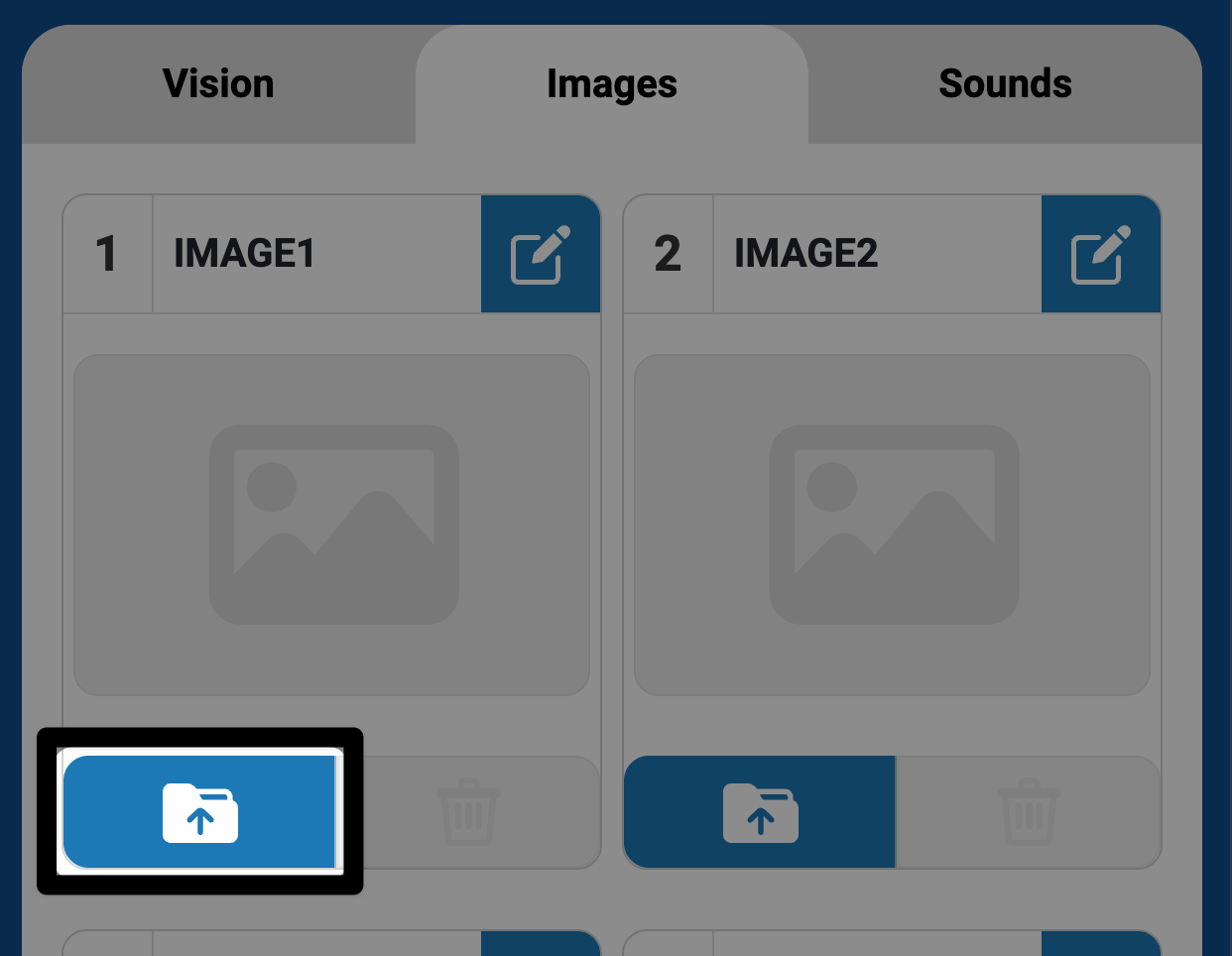 Images tab. Slot 1 has the upload folder icon highlighted, indicating readiness to upload an image.