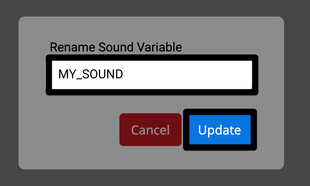 Window showing the renamed sound as My underscore Sound. A highlight is on the update button in the bottom right corner.