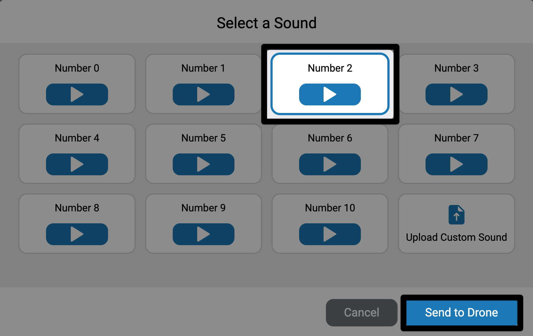 The Sound Selector window showing all available sounds is shown, with the Number 2 preloaded sound in the top row and the select file button highlighted.