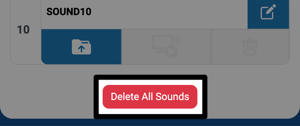 The Delete All Sounds button underneath slot 10 in the Sounds Tab is highlighted.