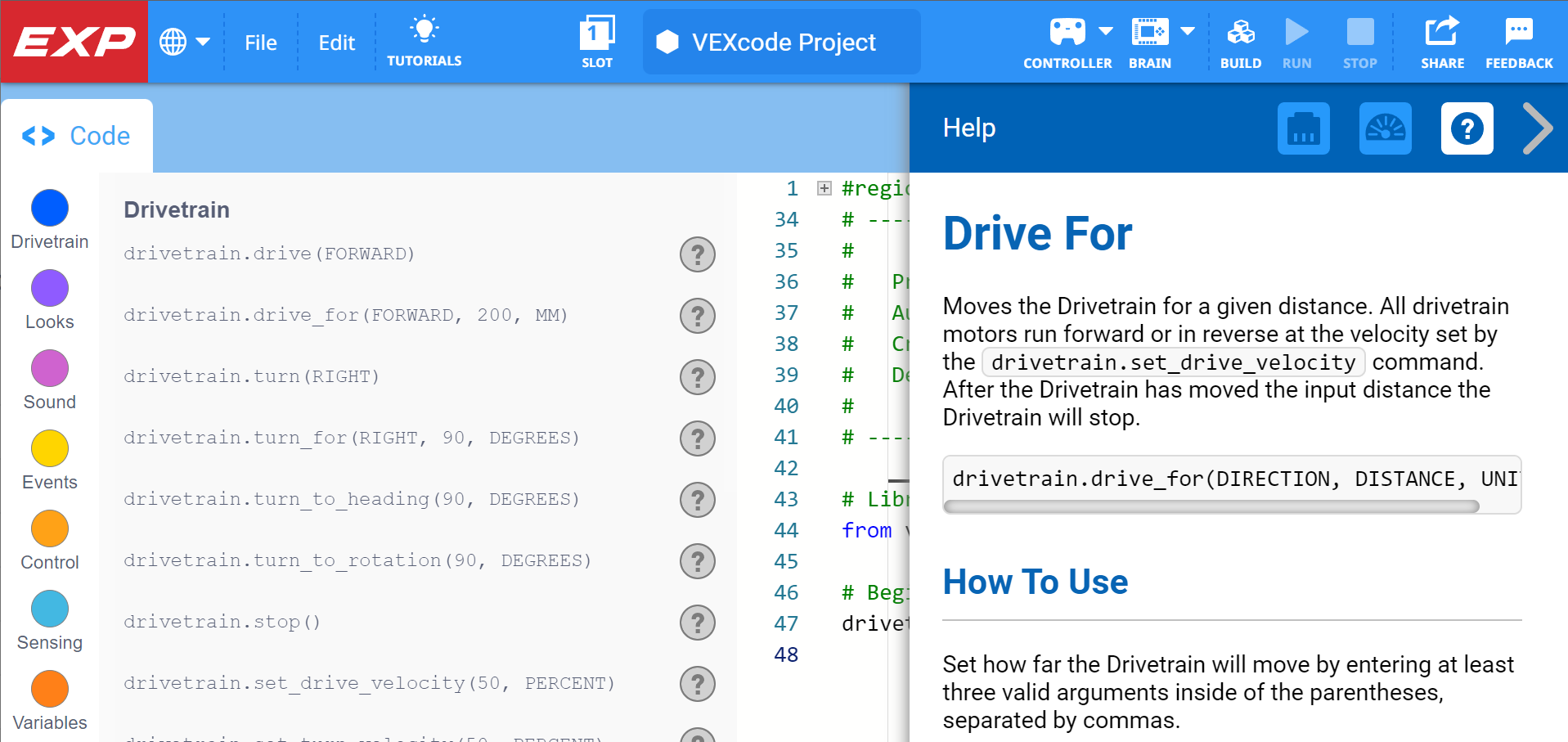 Help menu is opened to the side and the Drive for command is described in the menu. Descriptions of the command and how it can be used are shown along with example uses.