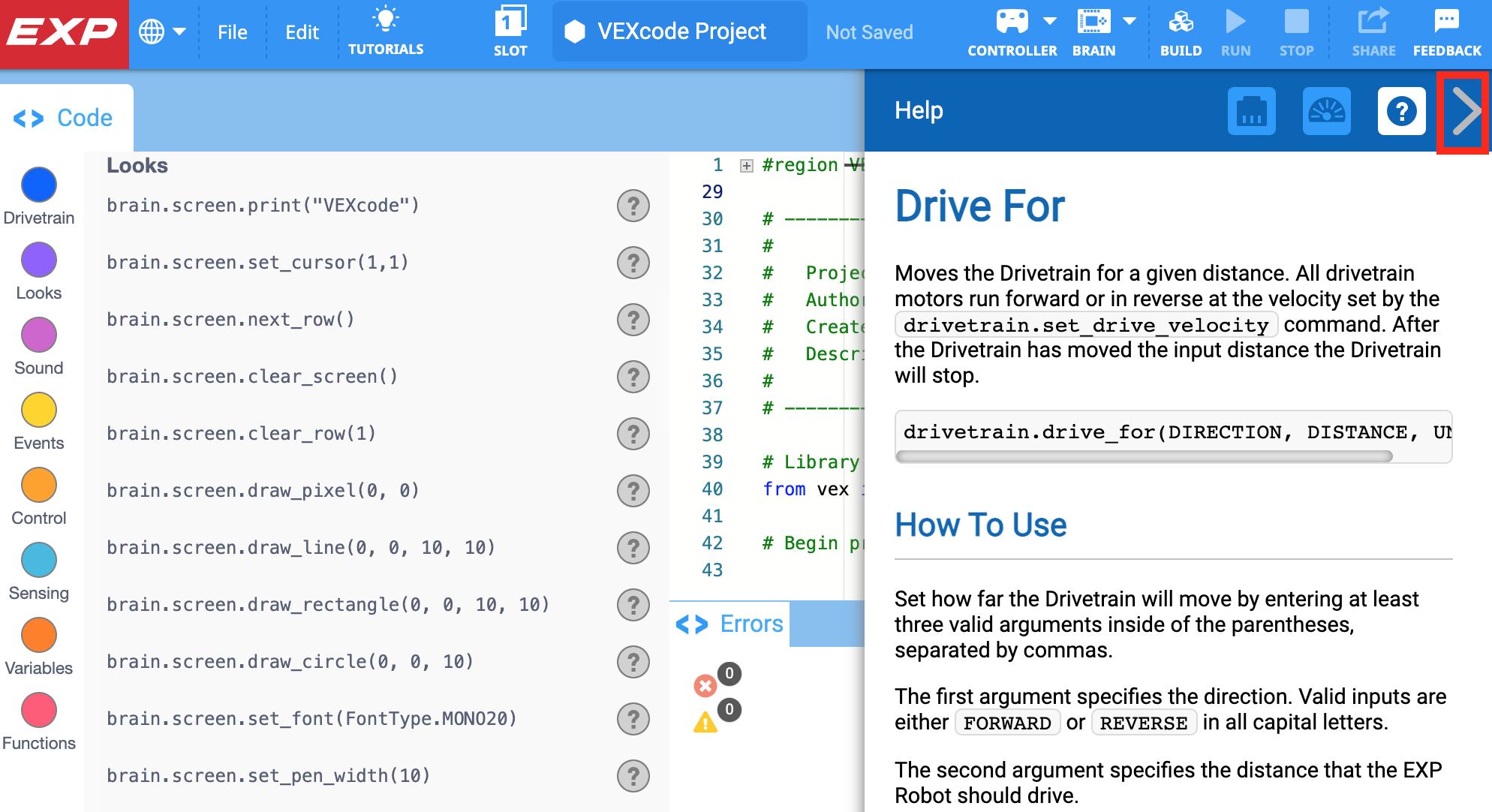 VEXcode EXP with the Help menu opened and the Close Menu arrow in the top right corner highlighted.