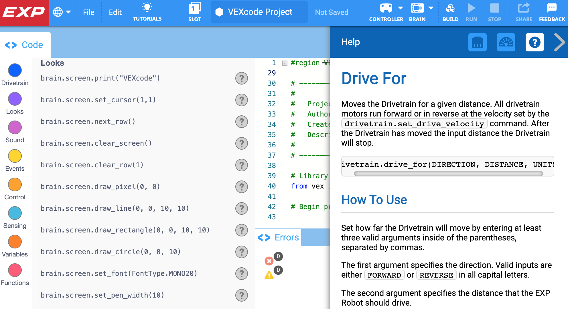 Help menu is opened to the side and the Drive for command is described in the menu. Descriptions of the command and how it can be used are shown along with example uses.