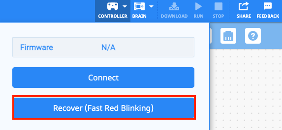 VEXcode EXP with a white Controller icon on the Toolbar, indicating that there isn't a connected Controller. The Controller dropdown menu is open and the Recover (Fast Red Blinking) button is highlighted.