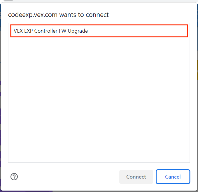 Browser device connection window, with a selected item titled VEX EXP Controller FW Upgrade.