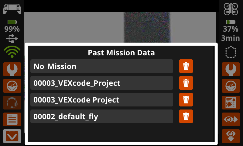 The same image as the one previous, now showing the Past Mission Data menu open over the top of the downward facing camera view.