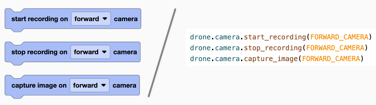 A side by side image of camera blocks on the left and the analogous camera Python commands on the right, taken from the VEXcode AIR toolbox.