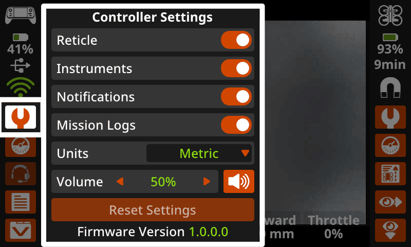 The Controller screen with the wrench icon Controller Settings button on the right side, below the connection icon, selected and the settings options menu open. 