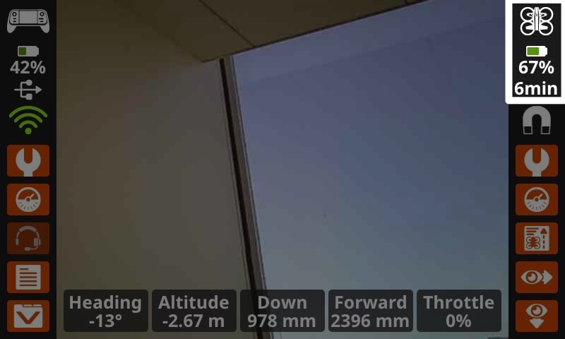The same image as the one previous, now highlighting the drone battery information in the upper right corner, showing a drone icon and reading 67% with a partially filled battery icon and 6 minutes.