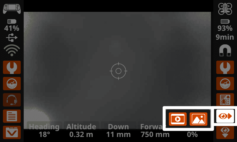 An eye with a right facing arrow icon Forward Camera button is highlighted on the right side, with two buttons enabling video recording (on the left) and image capture (on the right).