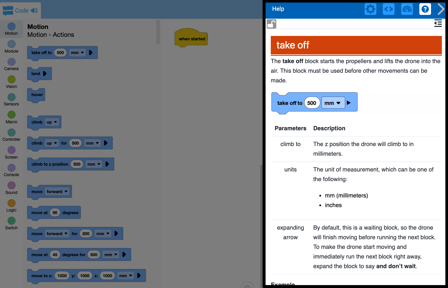 Screenshot of the VEXcode AIR interface, showing the Help open and the take off block Help entry visible on the right hand side of the screen.