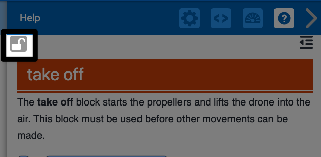 The top of the Help window with the lock icon highlighted in the unlock position, below the word Help.