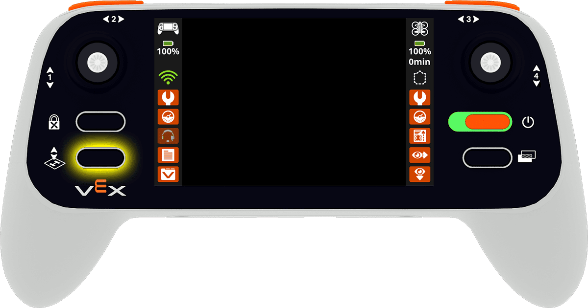 The controller is shown, powered on, with the takeoff and land button on the lower right hand side highlighted.