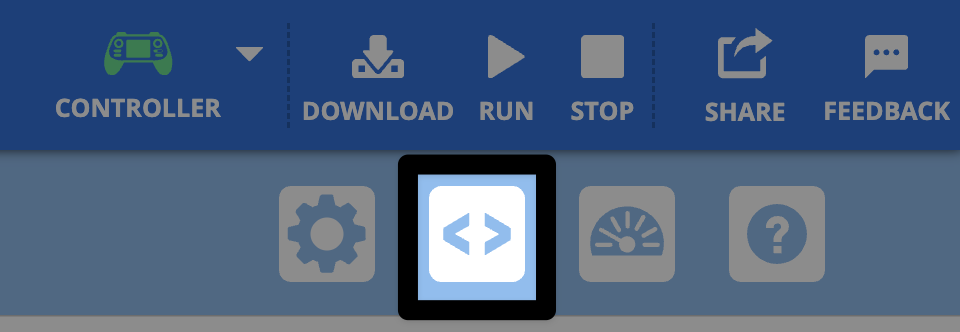 A close-up screenshot of the upper right side of the VEXcode AIR Toolbar, highlighting the Code View button, which shows a less than and greater than symbol, located beneath the Download and Run buttons.