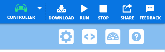 A close-up screenshot of the upper right corner of the VEXcode AIR Toolbar, showing the Controller icon as green and the Download, run and stop buttons to the left of the icon as white and active. 