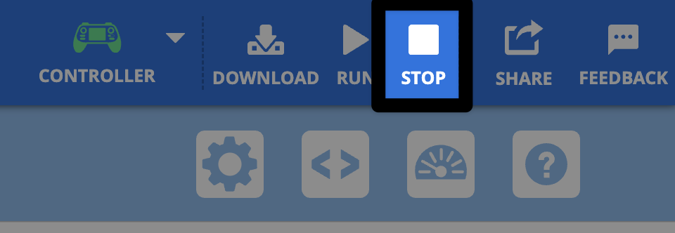 The upper right corner of the VEXcode AIR Toolbar, the Stop button is highlighted, to the right of the Run button, and the Controller icon shown green.