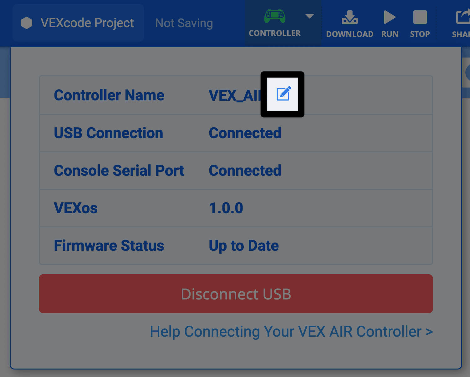 The Controller dialog window is open below the connected green controller icon. The first line reads Controller Name VEX AIR with the edit icon showing a pencil on paper to the right highlighted.