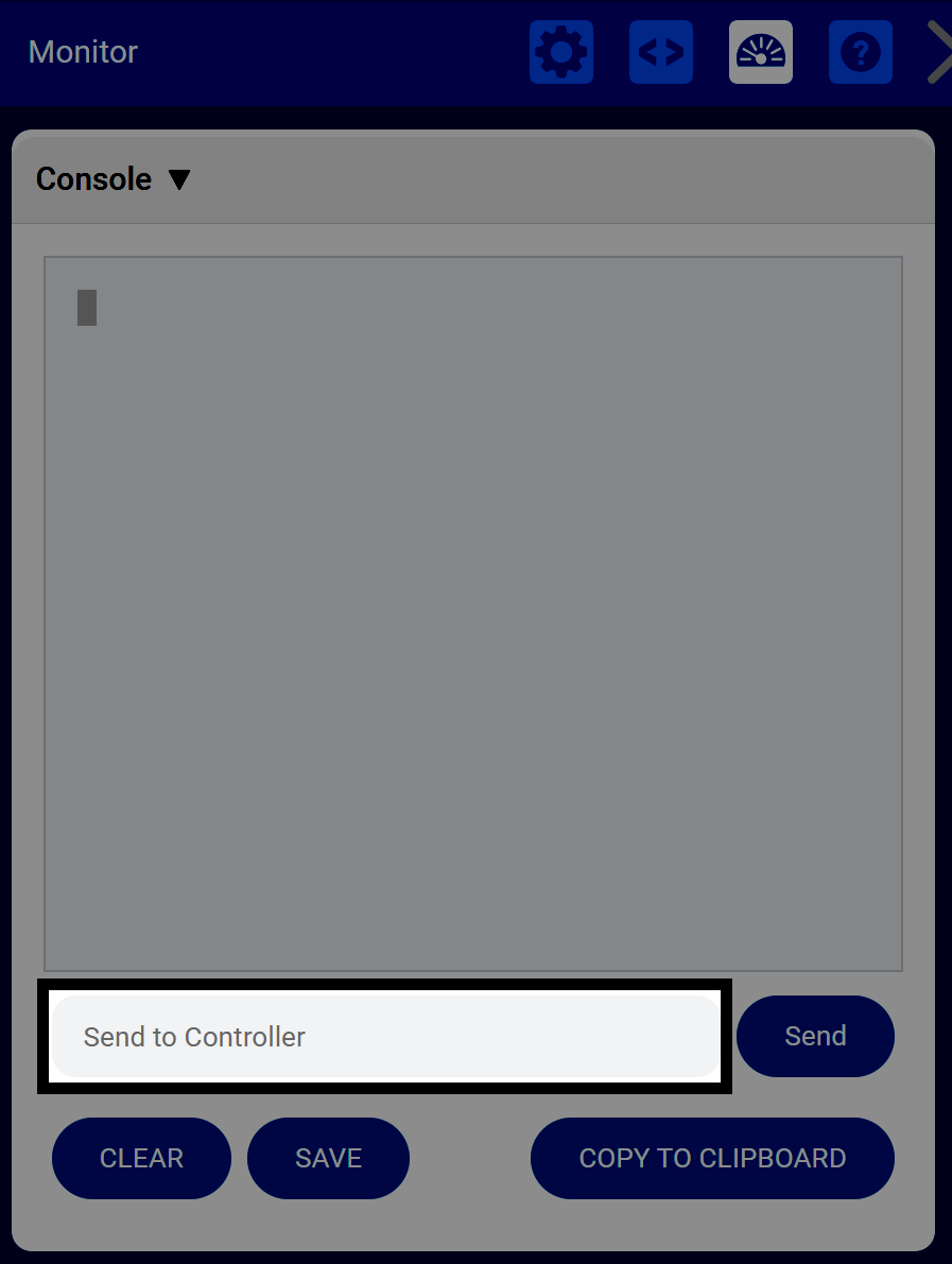 The Console window shows a blank text area with the input box labeled Send to Controller. The Send button is on the right.