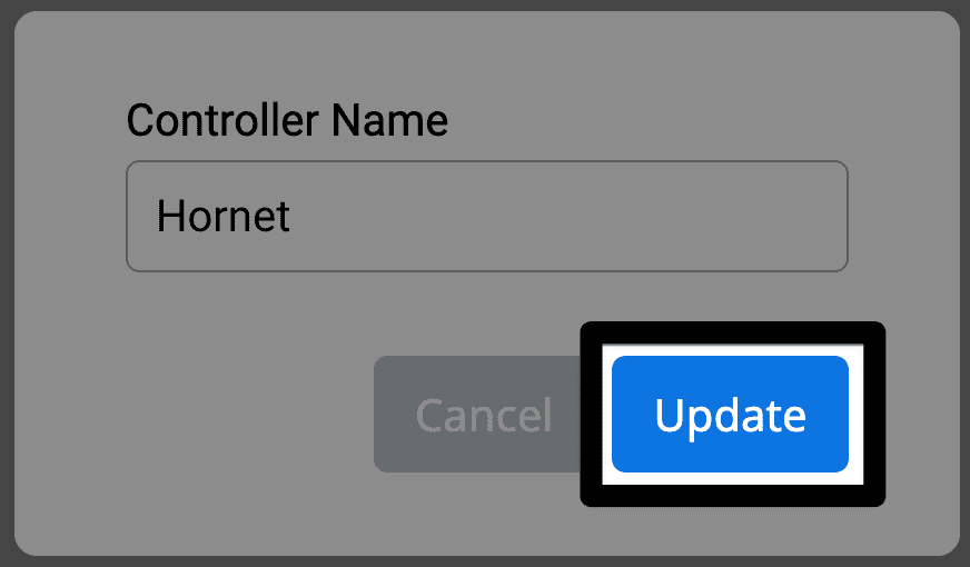A dialog box reads Controller Name with a text field in which to enter the desired name of the controller. In the bottom right an Update button is highlighted.