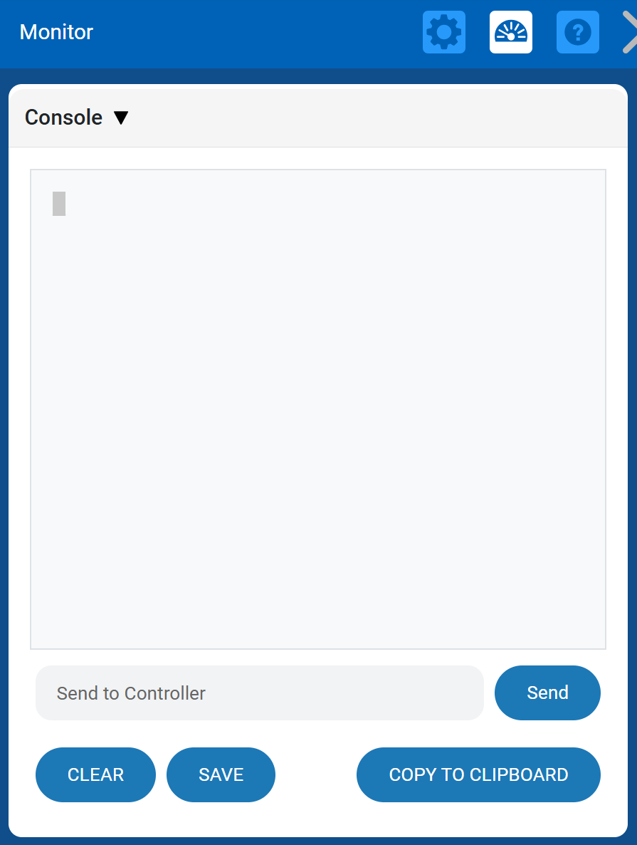 The Console window is open with a blank text area. Below it are buttons labeled Clear, Save, Copy to Clipboard, and Send. The input box reads Send to Controller.