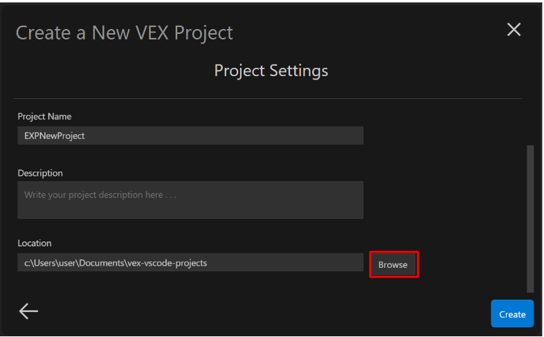 Het EXP-sjabloonproject met de knop Bladeren gemarkeerd rechts van het veld Locatie.