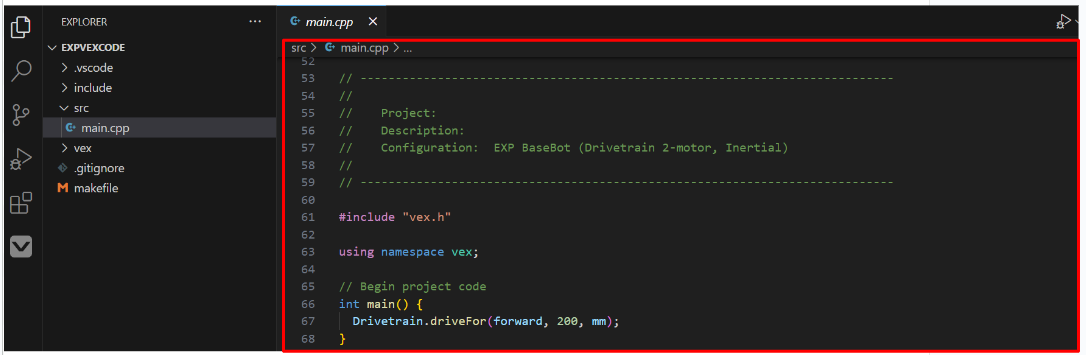 เลือกไฟล์ main.cpp แล้ว และเปิดอยู่ในโปรแกรมแก้ไขทางด้านขวา