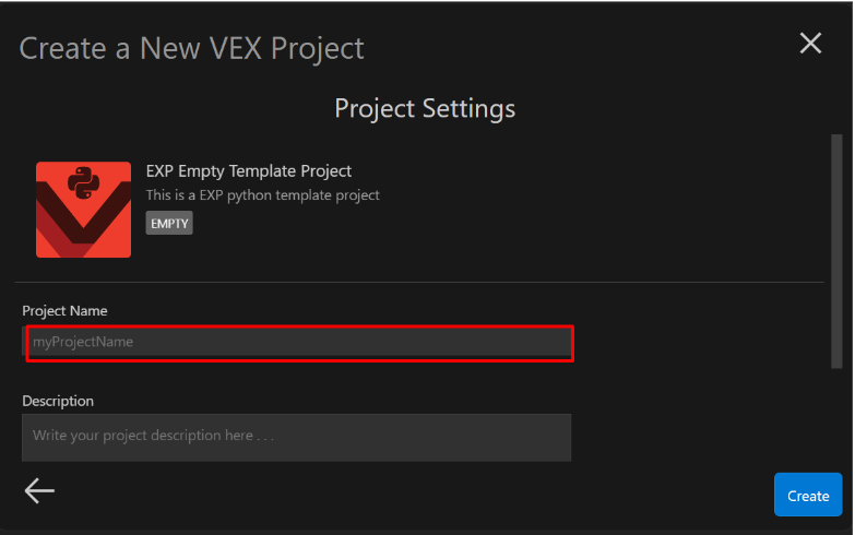 เลือกโครงการเทมเพลตเปล่า EXP แล้ว และตอนนี้ช่องชื่อโครงการก็ถูกไฮไลต์อยู่