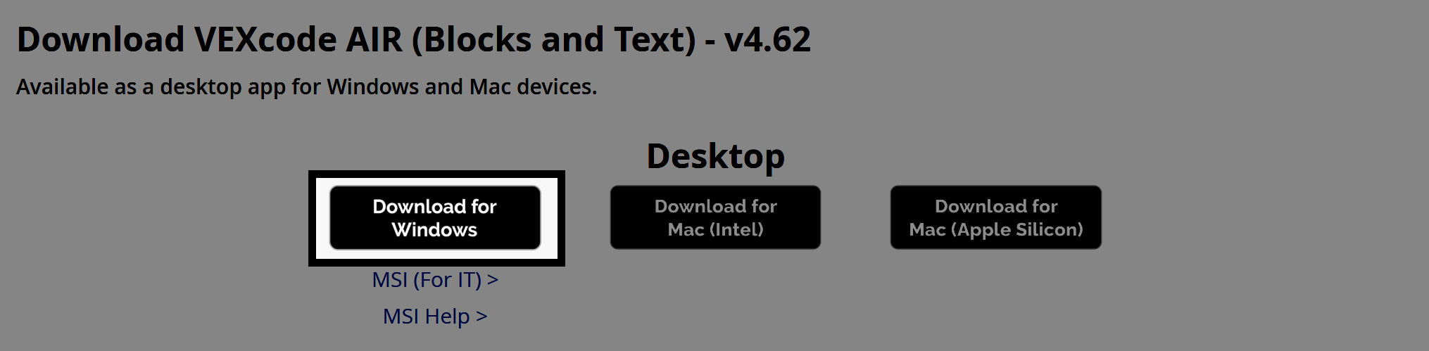 A download page for VEXcode AIR version 4.62 with the Download for Windows button highlighted.