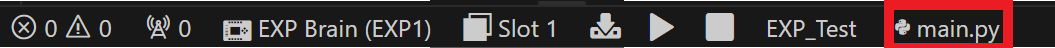 Python File Selector icon is highlighted on the VS Code toolbar. The Python File Selector shows the name of the selected Python file, and in this example it reads main.py.