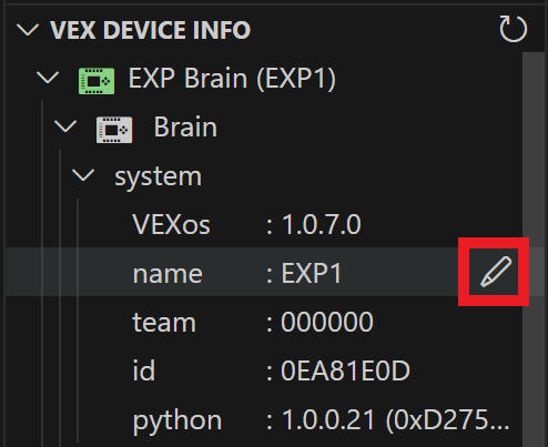 Cursor is hovering over the Name option inside the System folder, and there is a Pencil icon next to it that is highlighted.