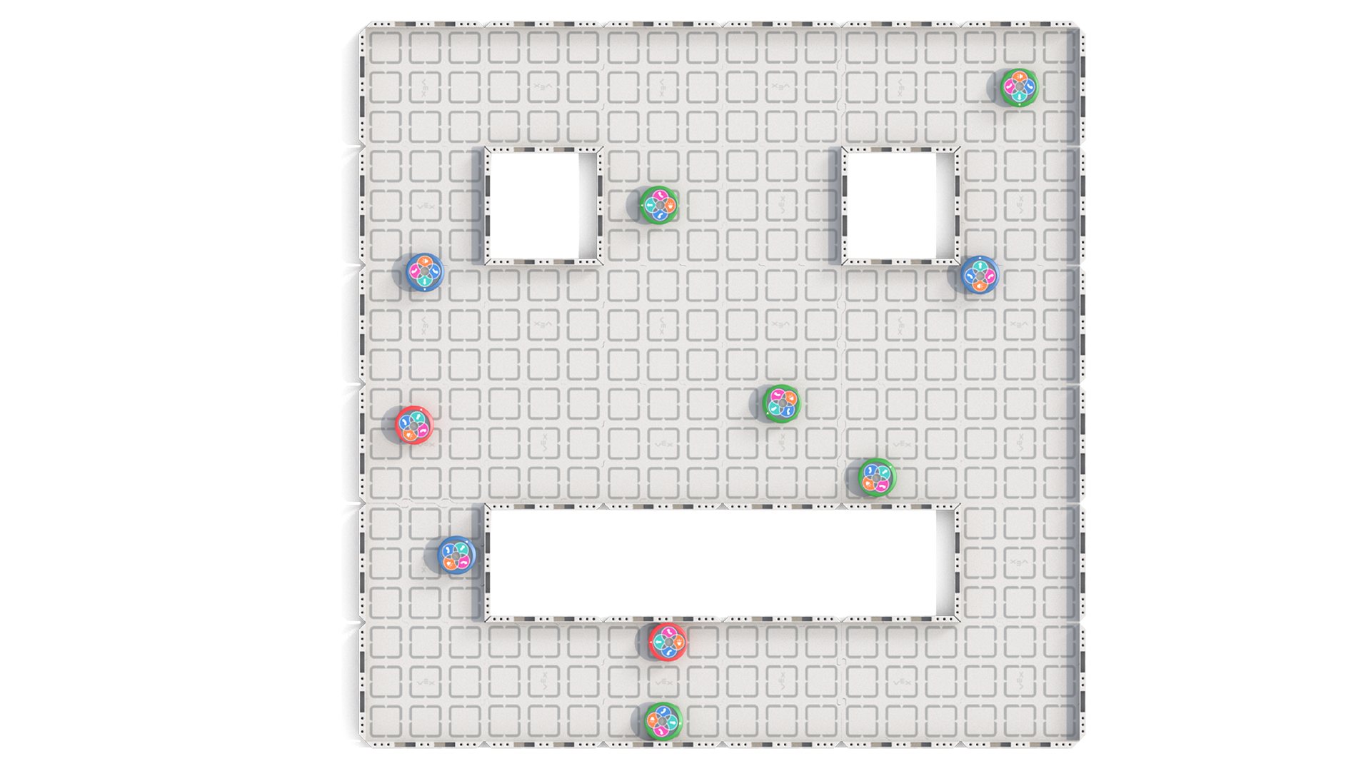 Vue de dessus d'une grande aire de jeux carrée avec des espaces représentant un visage, constituée de tuiles de terrain et entourée de murs. Plusieurs robots 123 sont représentés en train d'explorer le terrain de jeu.