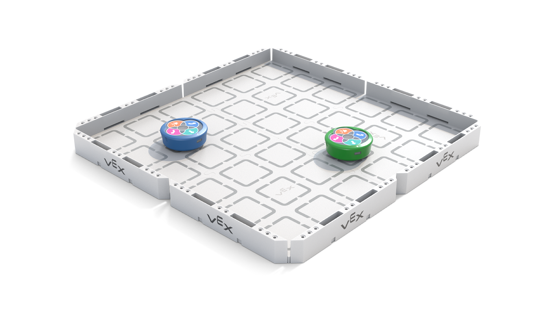 দেয়াল দ্বারা বেষ্টিত 2 বাই 2 বর্গক্ষেত্রের ফিল্ড টাইলসের কৌণিক দৃশ্য, যেখানে মাঠের ভিতরে স্থাপিত দুটি 123টি রোবট রয়েছে।