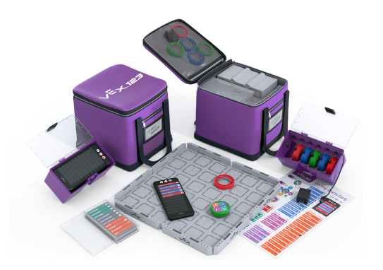 ชุด VEX 123 Classroom Bundle ครบชุดซึ่งประกอบไปด้วยกล่องเก็บของขนาดใหญ่ 2 กล่องซึ่งบรรจุโปสเตอร์ หุ่นยนต์ โค้ดเดอร์ ไทล์ฟิลด์ และอื่นๆ อีกมากมาย