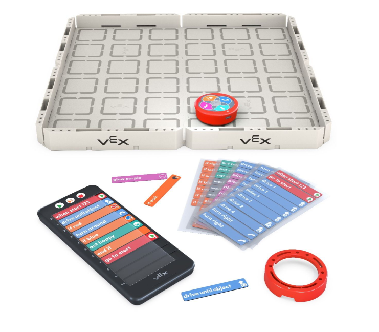 Winkelansicht eines 123-Felds und eines 123-Kits, das einen Roboter, einen Art Ring, einen Coder und Coder-Karten enthält.