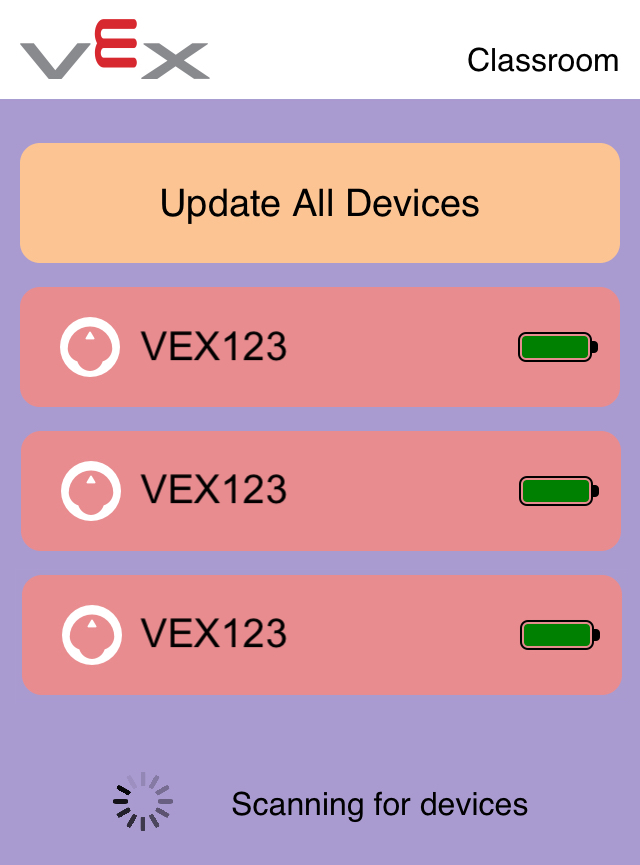لقطة شاشة لتطبيق VEX Classroom، مع ثلاثة روبوتات متصلة بـ 123 معروضة في قائمة وكل منها يحمل الاسم الافتراضي "VEX123".