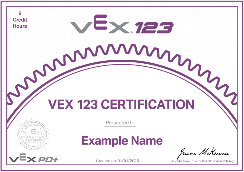 Certificado VEX 123 em branco que diz Certificação VEX 123 apresentado ao Nome do Exemplo.