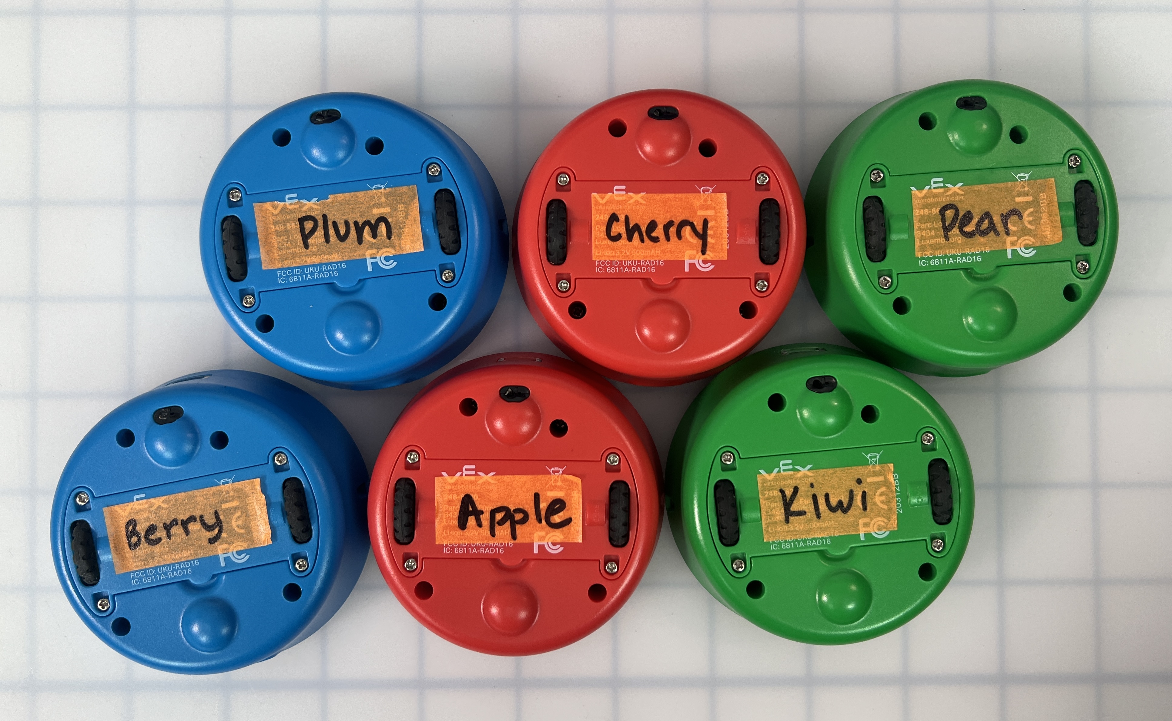 6.123 Robot diletakkan terbalik, masing-masing dengan label berbeda yang ditulis pada selembar pita. Label ditempel di sisi bawah robot, dan bertuliskan 'Berry, Plum, Apple, Cherry, Kiwi, dan Pear'.