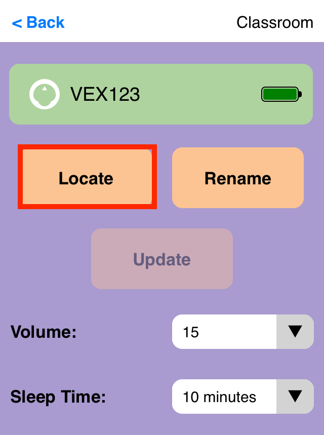 Schermata dell'app VEX Classroom con il menu del robot 123 aperto e il pulsante "Individua" evidenziato sulla sinistra.