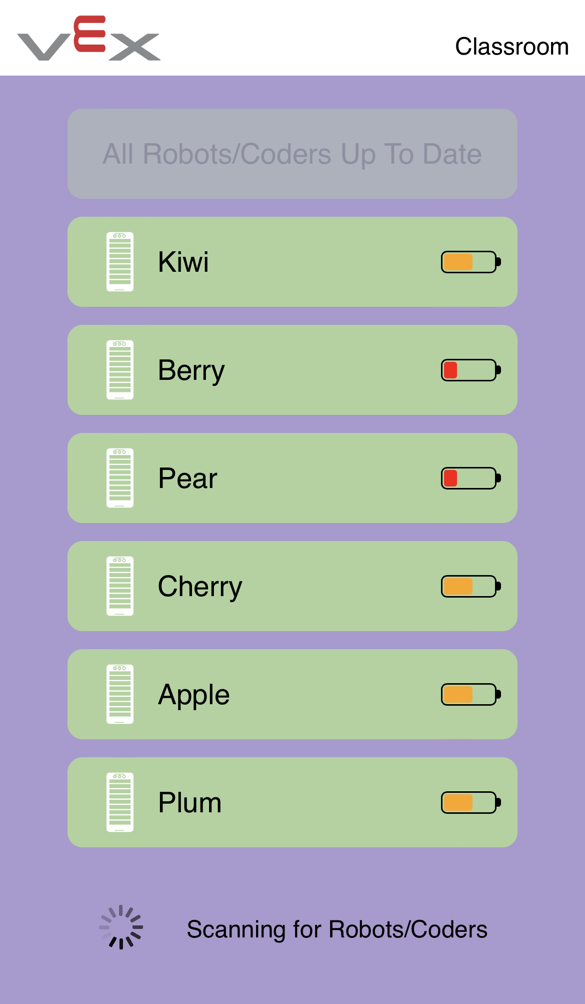 Tangkapan layar Aplikasi Kelas VEX dengan semua 6.123 Coder yang diperbarui dan diganti nama. Nama-nama Coder sekarang menjadi 'Kiwi, Berry, Pear, Cherry, Apple, dan Plum'.