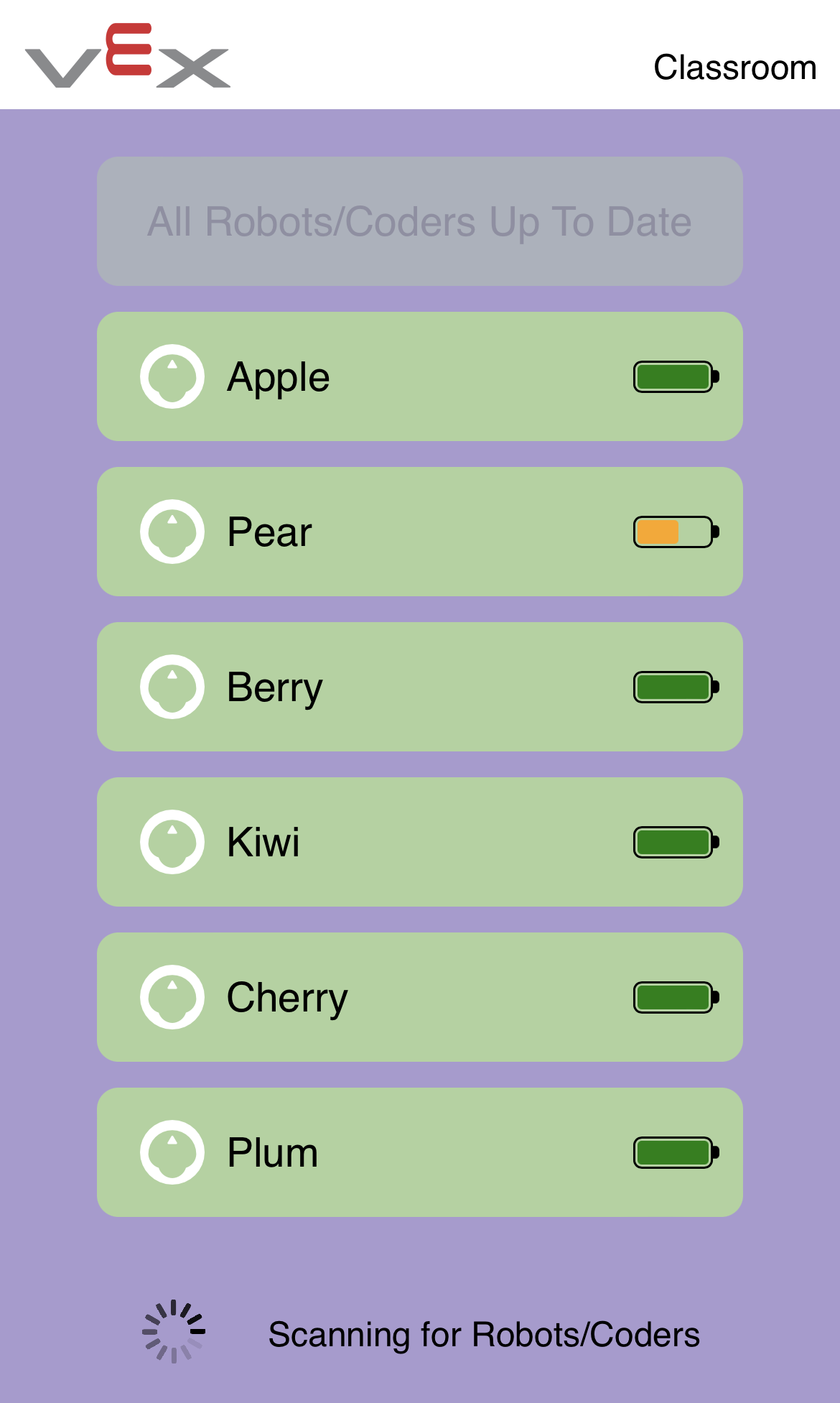 Captura de ecrã da aplicação VEX Classroom com todos os 6 123 robôs atualizados, carregados e renomeados. Os nomes dos robôs são agora 'Maçã, Pêra, Baga, Kiwi, Cereja e Ameixa'.