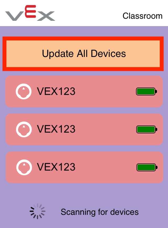 ภาพหน้าจอของแอป VEX Classroom ที่มีรายชื่อหุ่นยนต์ 123 ตัวที่เชื่อมต่ออยู่ 3 ตัว และปุ่ม 'อัปเดตอุปกรณ์ทั้งหมด' ที่เน้นไว้ด้านบน