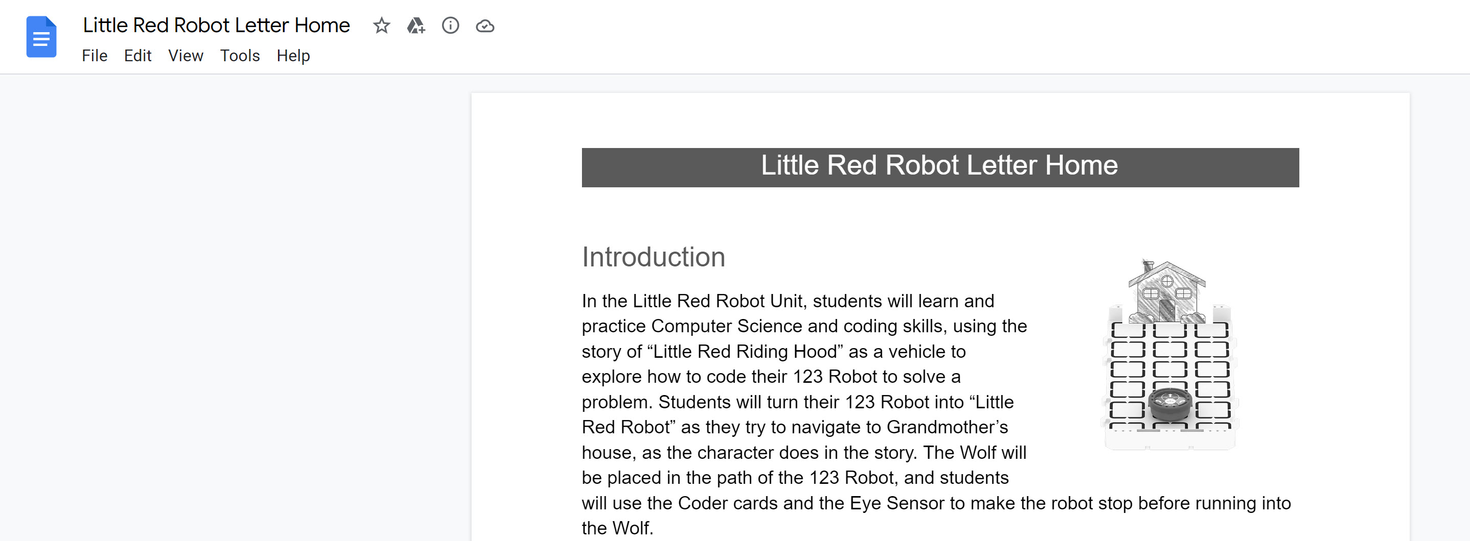 Google dokumentos atvērtā Little Red Robot Letter Home ekrānuzņēmums, lai parādītu, ka var kopēt un pielāgot arī citus resursus.