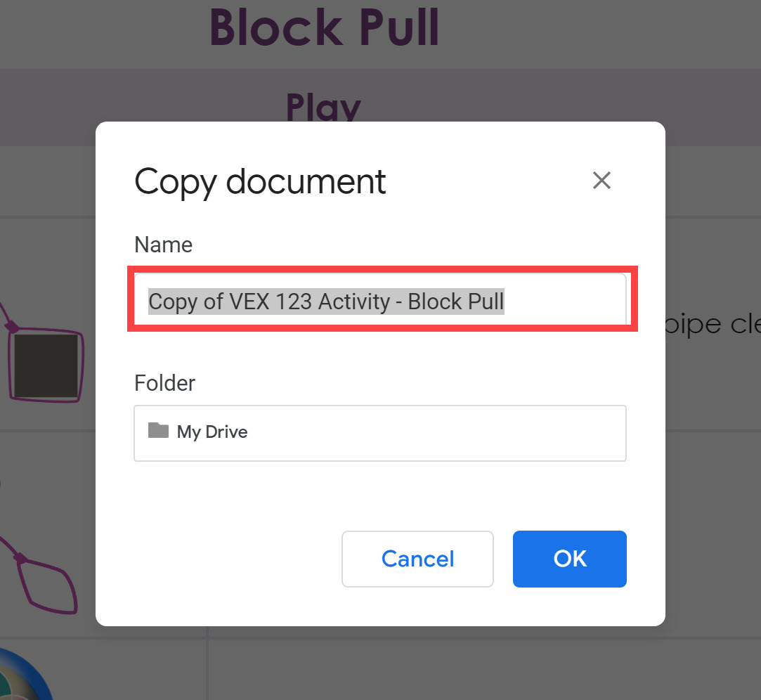 Captura de pantalla del menú Copiar documento de Google Docs, con el nombre del documento resaltado para mostrar que el usuario puede cambiar el nombre de la copia.