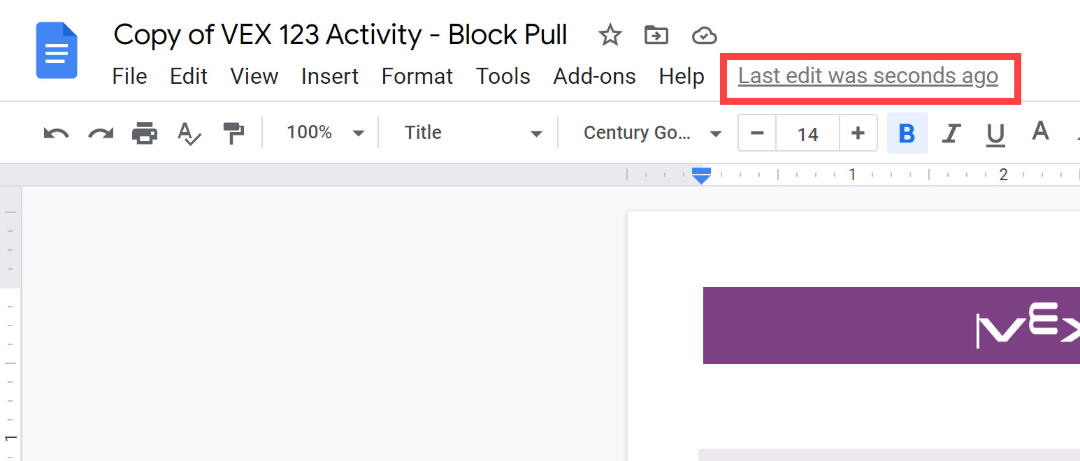Captura de pantalla de la barra de herramientas de Google Doc de la Actividad 123 copiada, donde un mensaje dice "La última edición fue hace segundos" para demostrar que la copia se puede editar.