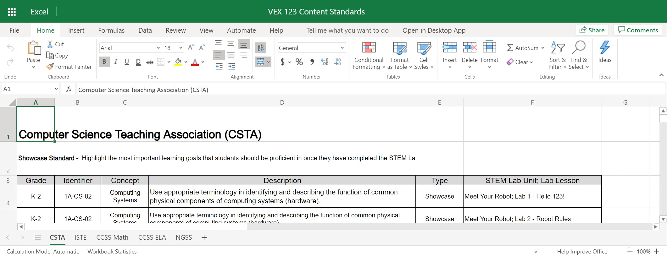 .xlsx файлы ретінде жүктеп алынған және Microsoft Excel бағдарламасында ашылған VEX 123 Content Standards скриншоты басқа ресурстарды да жүктеп алуға және өңдеуге болатынын көрсетеді.
